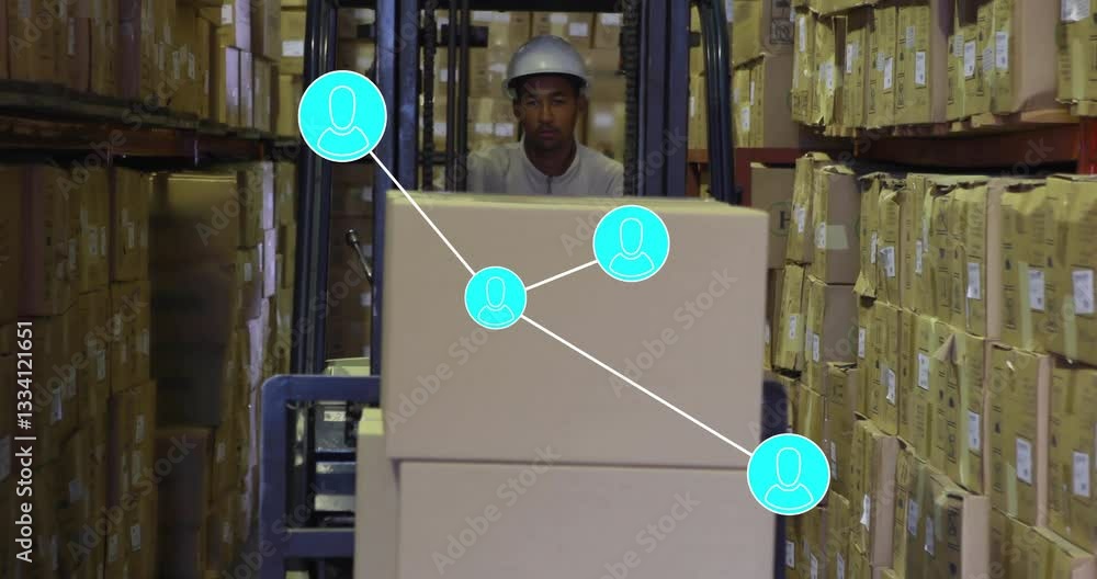 Poster warehouse worker operating forklift with network connection animation over boxes