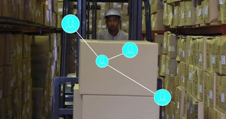 Warehouse worker operating forklift with network connection animation over boxes - Powered by Adobe