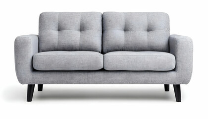 Fototapeta premium Light grey fabric loveseat with button tufting and dark wood legs on white background