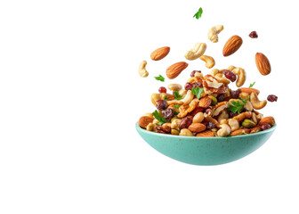Obraz premium Mixed nuts falling into a bowl on a transparent background. Healthy snack concept with almonds, cashews, walnuts, and cranberries.