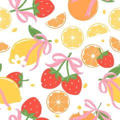 Obraz premium Coquette Summer Fruits Seamless Pattern Strawberry Bows Lemon Citrus Slices Digital Paper Background 