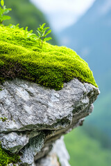 Lush green moss thrives atop a grey cliff overlooking a verdant valley