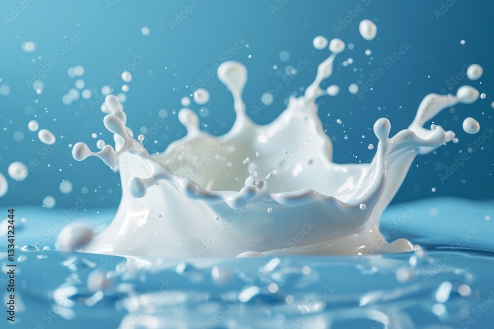 Poster captivating explosion of fresh white liquid as it collides with a blue surface, creating a dynamic c