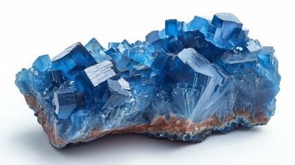 Obraz premium Captivating close up of a mesmerizing deep blue mineral specimen showcasing cubic crystal formations and intricate textures against a stark white backdrop