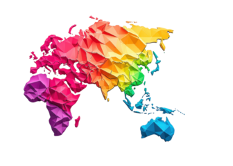 Colorful low poly world map on transparent background. Concept for global business, international relations, and cartography.