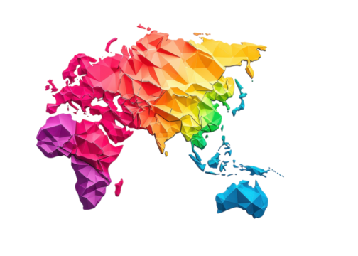 Colorful low poly world map on transparent background. Concept for global business, international relations, and cartography.
