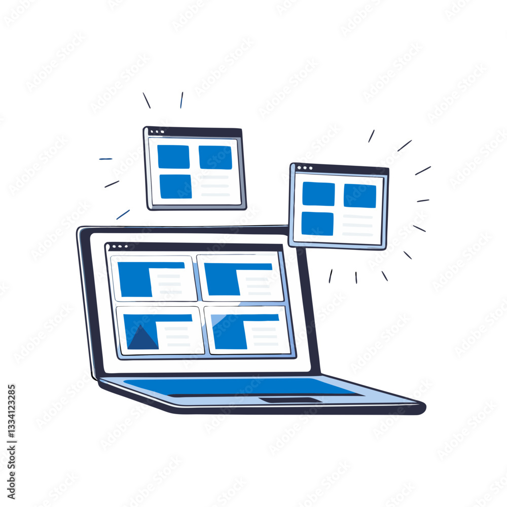Poster modern laptop vector with multiple floating web browser windows, symbolizing multitasking, digital w