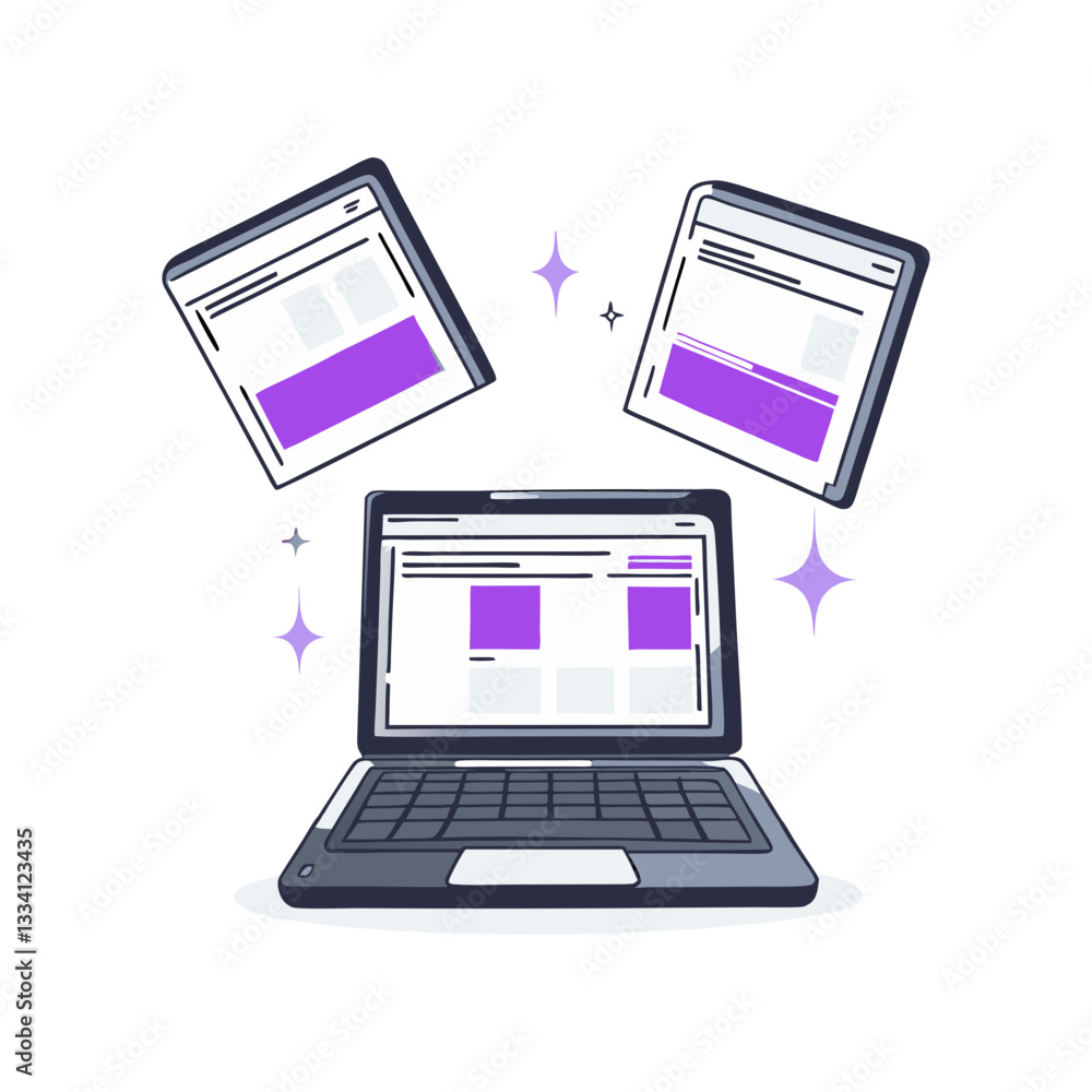Poster web browsing vector featuring a laptop with multiple floating browser windows, representing internet
