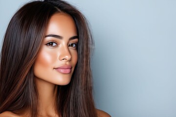 Fototapeta premium A woman with long brown hair is posing for a picture