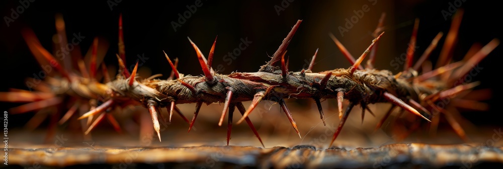 Poster close up view of a circular arrangement of thorny branches with sharp red spikes, placed on dark tex