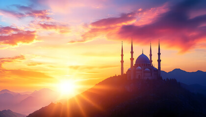 Obraz premium Majestic mosque silhouetted against a vibrant sunset over rolling hills