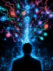 Man's mind exploding with vibrant, colorful energy against a futuristic city backdrop