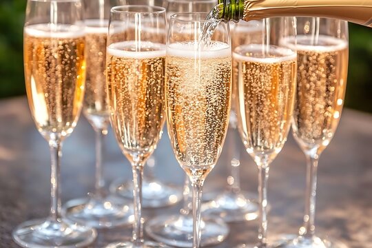 Sparkling wine pours into flutes creating bubbles and festive occasions