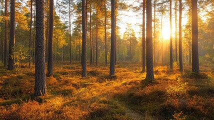 Obraz premium Autumnal Pine Forest Bathed in Golden Hour Sunlight