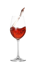 Tasty wine splashing in glass on white background