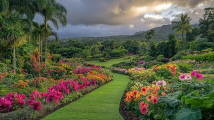 Obraz premium A beautiful garden featuring lush greenery and vibrant colorful flowers