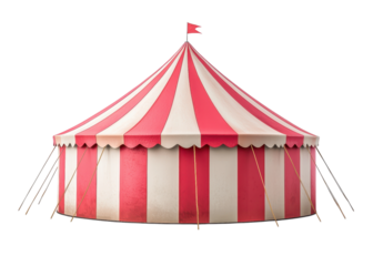 Red and white striped circus tent with a flag on top, isolated on transparent background.