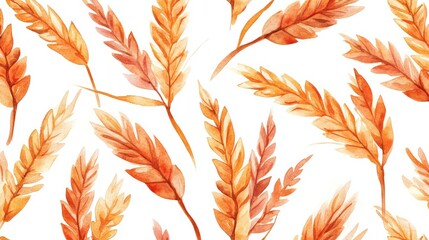 Delicate watercolor painting showcasing a seamless pattern of stylized wheat stalks in warm autumnal hues against a clean white backdrop, evoking a natural and organic feel