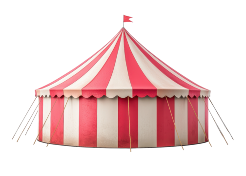 Red and white striped circus tent with a flag on top, isolated on transparent background.