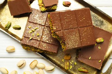 Pieces of Dubai chocolate bars with pistachios and knafeh on white wooden table, flat lay