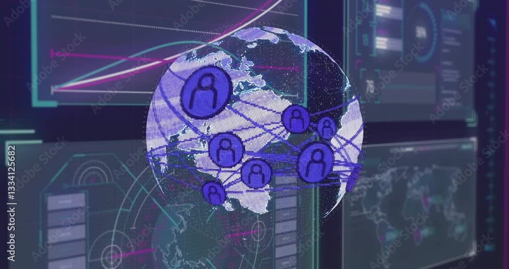 Poster animation of digital globe with network connections over data processing screens
