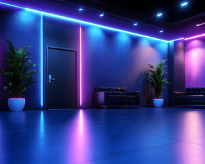 Neon-lit lounge with dark furniture, plants, and glossy floor