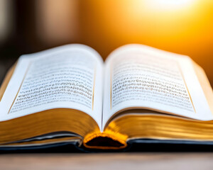Obraz premium Open holy book on table with warm light