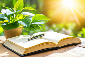 Open book, pen, and plant in sunlight