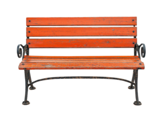 Vintage orange park bench with black metal frame isolated on transparent background. Classic outdoor seating.