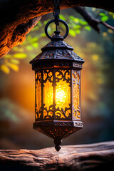 Ornate lantern glowing warmly, hanging from a tree branch in a mystical forest setting