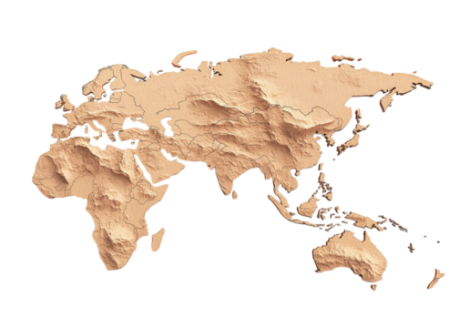 3D render of the world map showing continents like Africa, Asia, Europe, and Australia. Relief map on a transparent background. - Powered by Adobe
