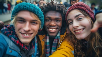 Diverse group of young friends smiling and taking selfies together in a casual setting capturing joyful moments of friendship and social interaction