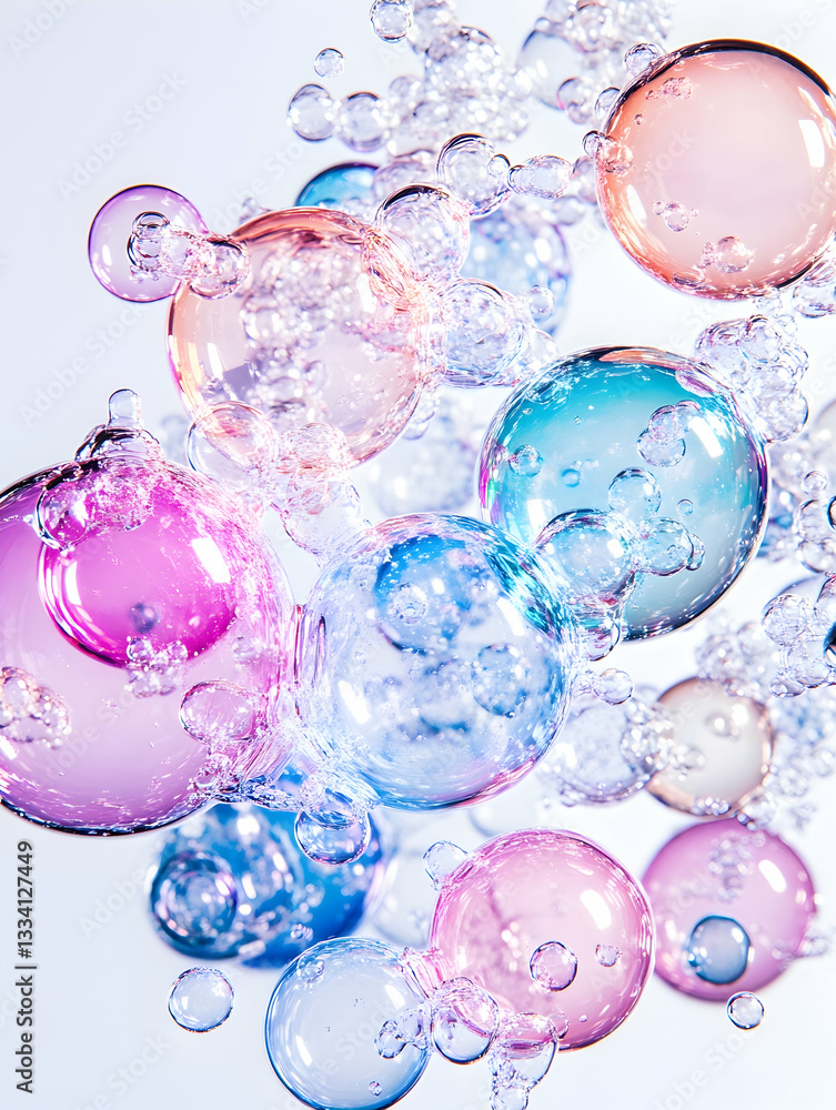 Poster pastel-colored bubbles float in a liquid, creating a dreamy, ethereal effect