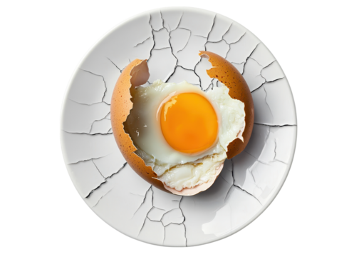 Fried egg in cracked shell on cracked plate against transparent background. Concept of fragility, imperfection, and unconventional food presentation.