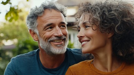 "An elderly couple sharing a joyful moment together outdoors."