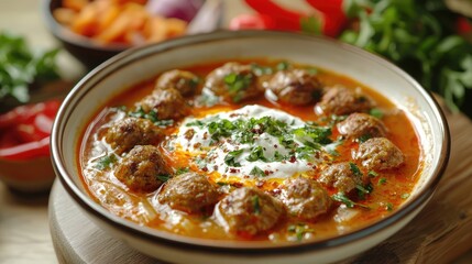 A bowl of comforting soup with meatballs and yogurt dressing