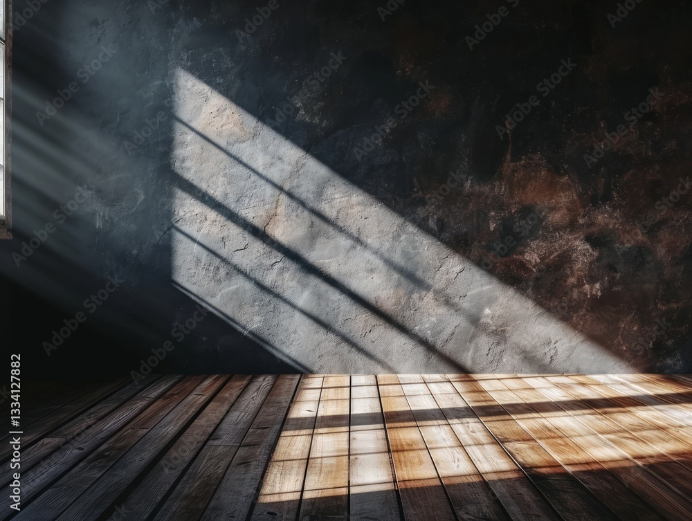 Poster dramatic interplay of light and shadow in an empty room, sunlight streams through a window onto a we