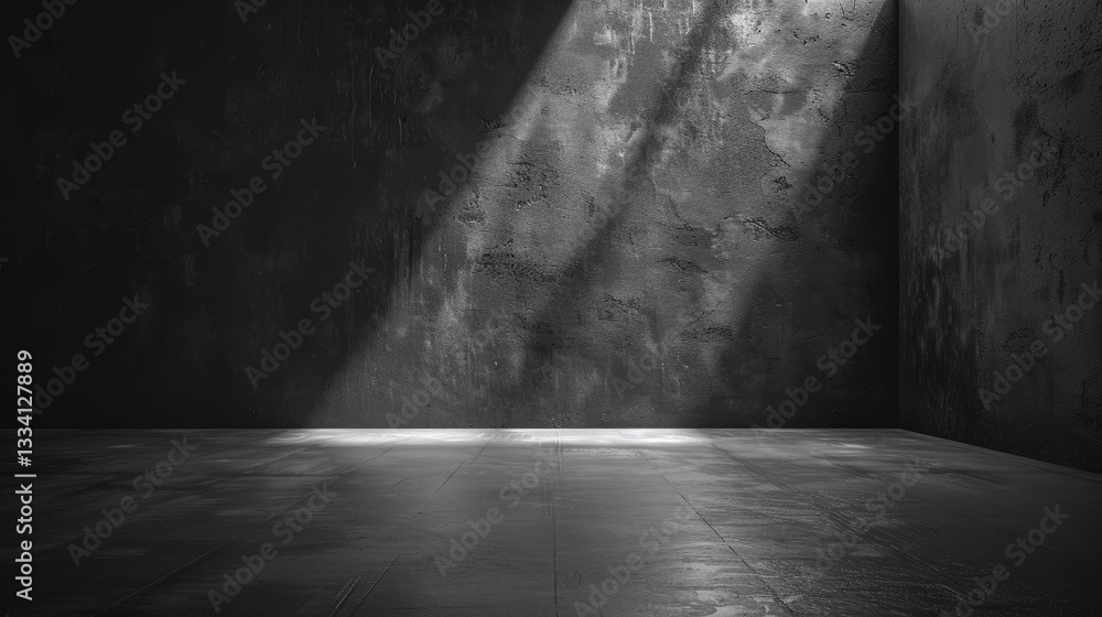 Poster dramatic interplay of light and shadow in an interior space with textured dark concrete walls and fl