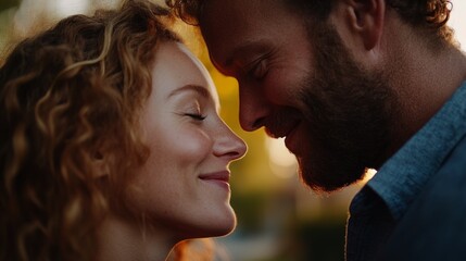 Fototapeta premium A man and a woman sharing a tender moment, with the woman appearing to be mid-conversation or affectionate gesture towards the man, suggesting an intimate relationship between them.