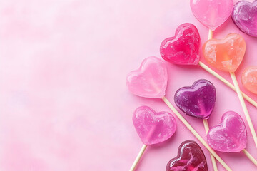 Pink background with assorted heart-shaped lollipops
