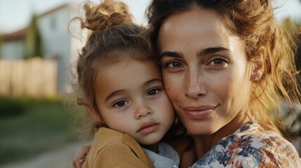 Fototapeta premium A smiling woman hugging a child, both looking away from the camera, set against a background of a residential street.