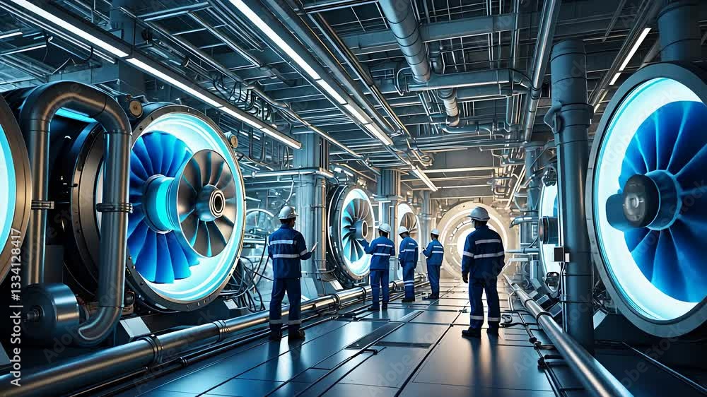 Poster high-tech industrial turbine facility with engineers inspecting large jet engine components in a mod