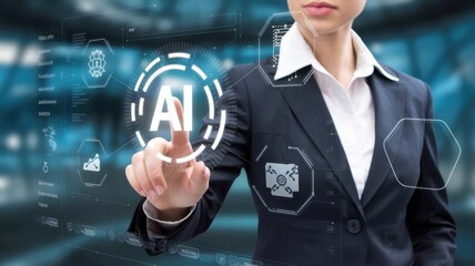 businesswoman in formal suit working with computer laptop for Polygonal brain shape of an artificial intelligence with various icon of smart city Internet of Things, AI and business IOT concept