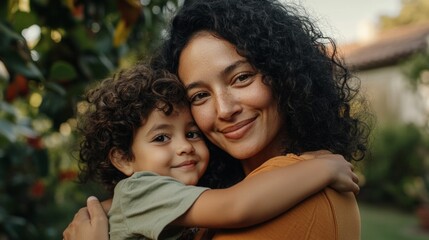 Fototapeta premium A young mother embracing her child in a garden setting.