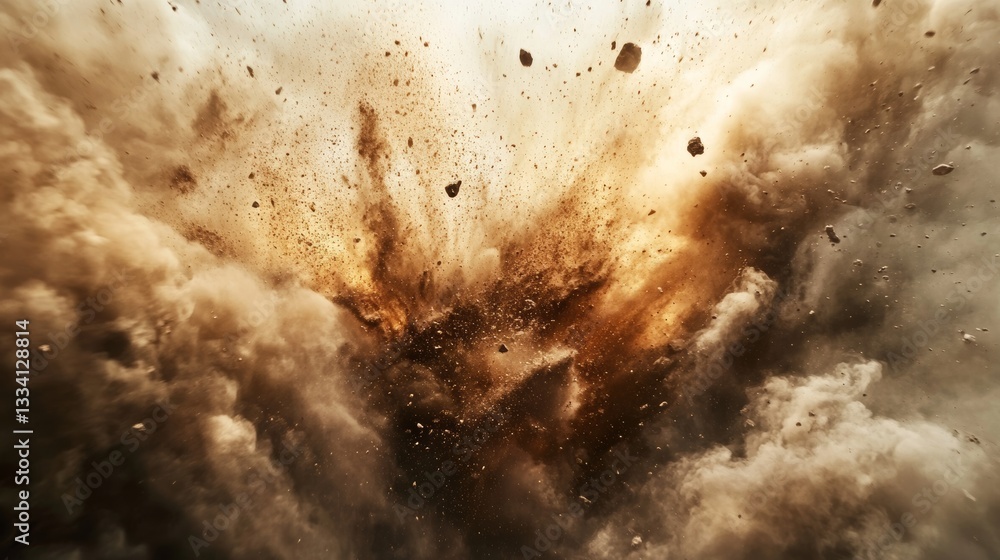 Poster dynamic explosion of dusty earth particles in a chaotic scene with clean lines and abstract concepts