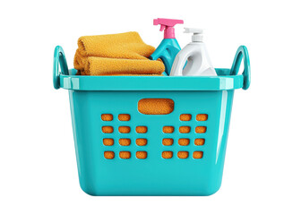 Fototapeta premium Laundry basket with towels and cleaning supplies on a transparent background. Concept of cleaning, laundry, and household chores.