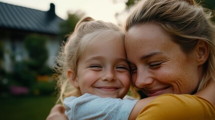 Obraz premium A heartwarming moment captured where a woman hugs her child against a backdrop of a home setting during what appears to be daylight.