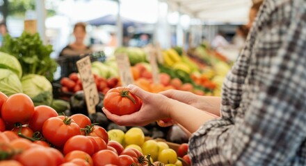 Female shopper holding tomato at farmers' market with fresh vegetables on display