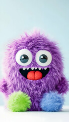Playful purple furry monster with big eyes and tongue out, sitting on colorful pom-poms against a light blue background
