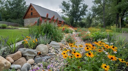 Ecofriendly Rain Garden with Native Plants and Wildflowers for Biodiversity and Attracting Pollinators